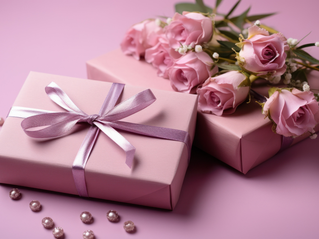 Розовые розы с подарками на столе