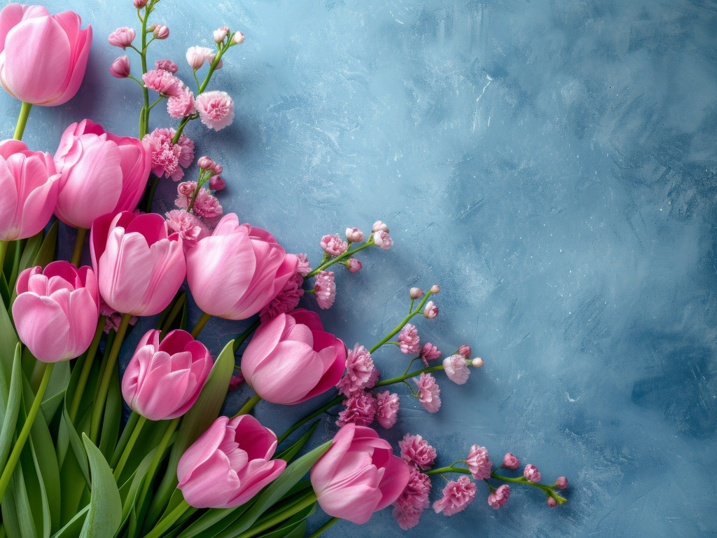 Розовые тюльпаны и гипсофила на сером столе