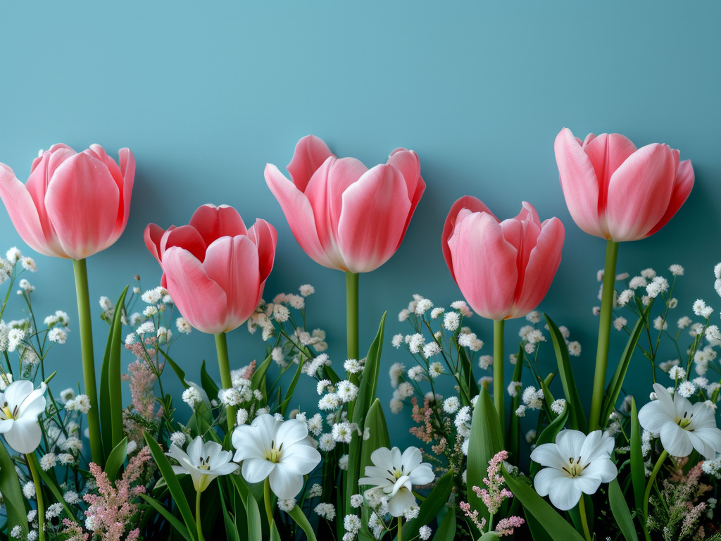Розовые тюльпаны с белыми цветами на голубом столе