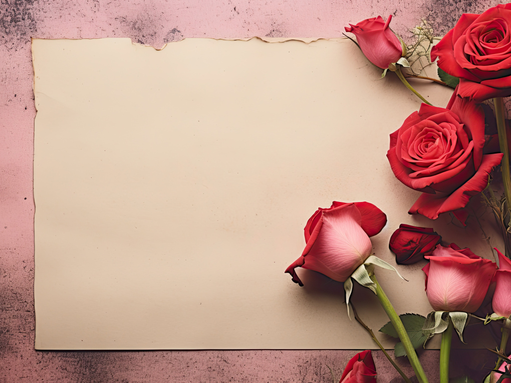 Лист бумаги  с красными розами, шаблон открытки