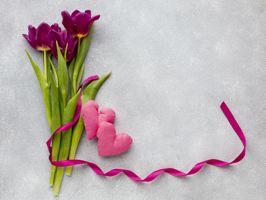Три тюльпана, сердечко и лента на сером фоне
