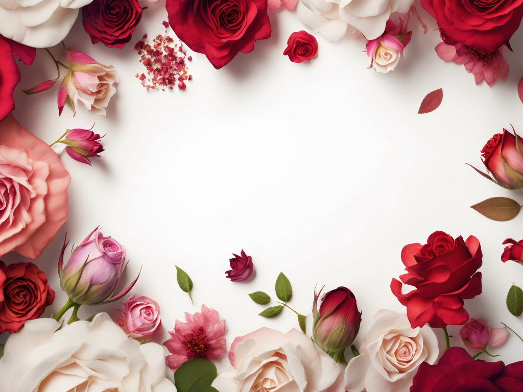 White background with picked rose flowers