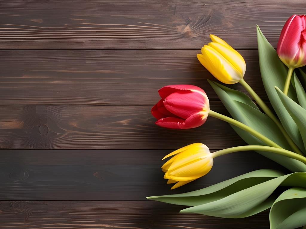 Желтые и розовые тюльпаны на деревянном столе