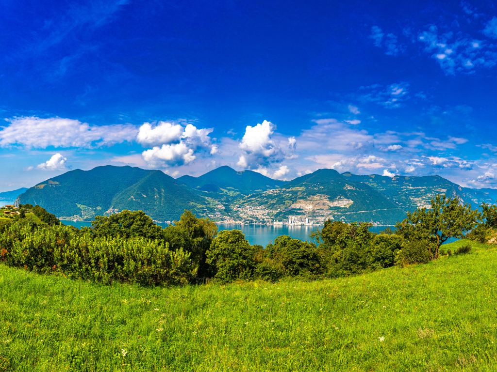 Красивая панорама на горы и зеленую траву