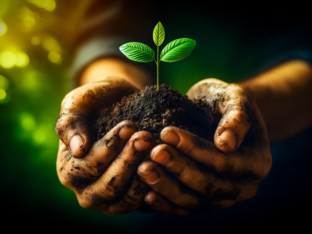 Росток в земле в ладонях мужчины