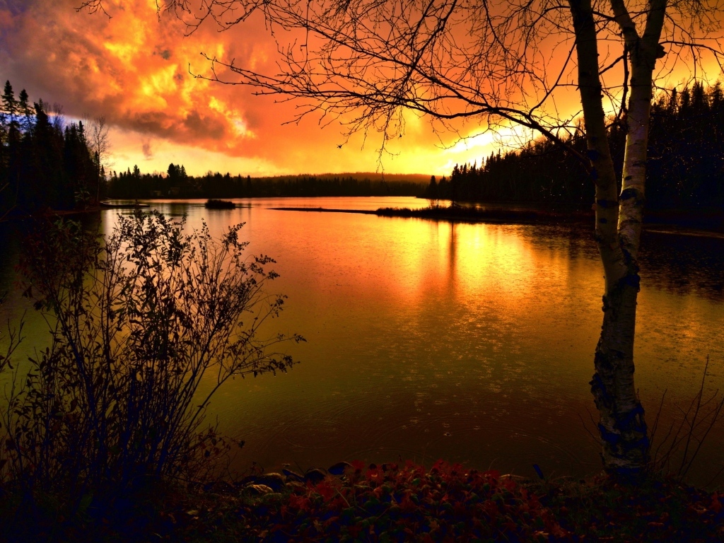 Спокойная гладь реки на закате солнца осенью 