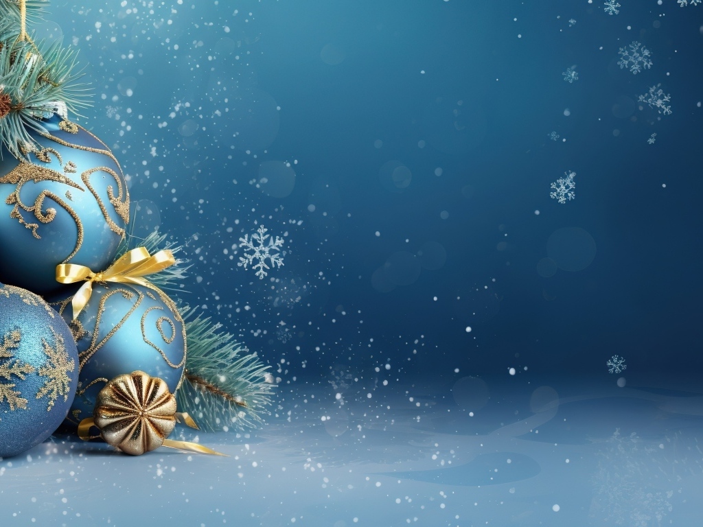 Синие шарики с еловой веткой на синем фоне, шаблон открытки