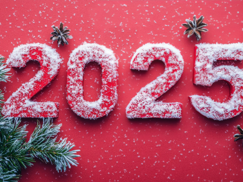 Цифры 2025 в снегу на красном фоне на новый год