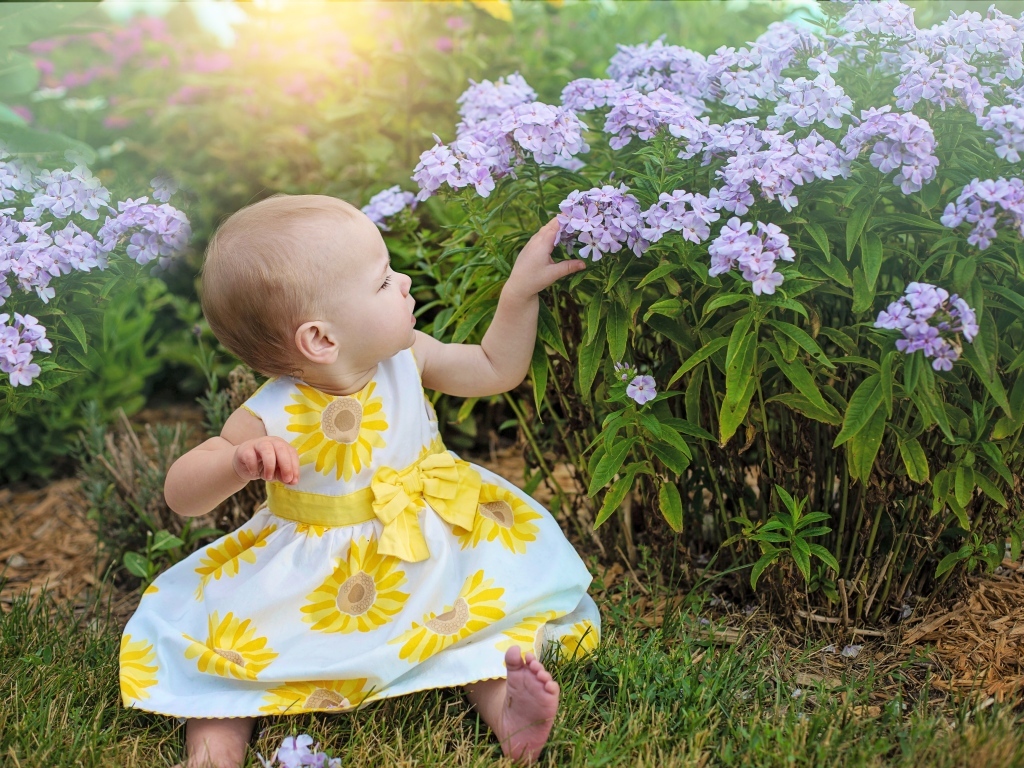 Маленькая девочка в платье сидит у цветов флокса