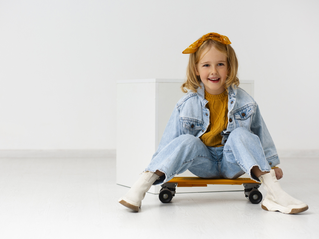 Веселая девочка на скейтборде в комнате