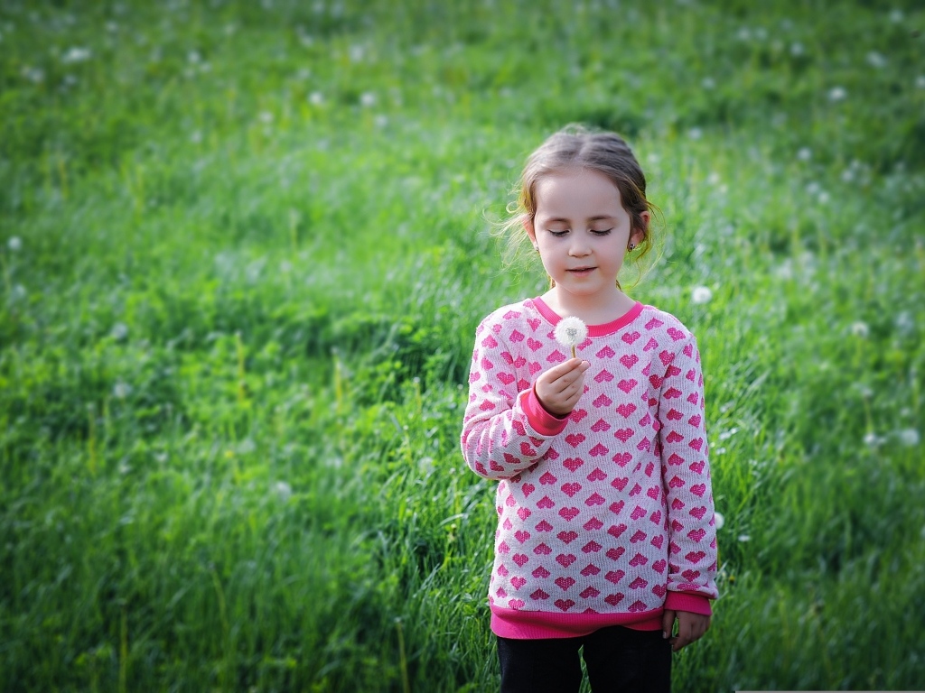 Девочка с одуванчиком на поле с зеленой травой