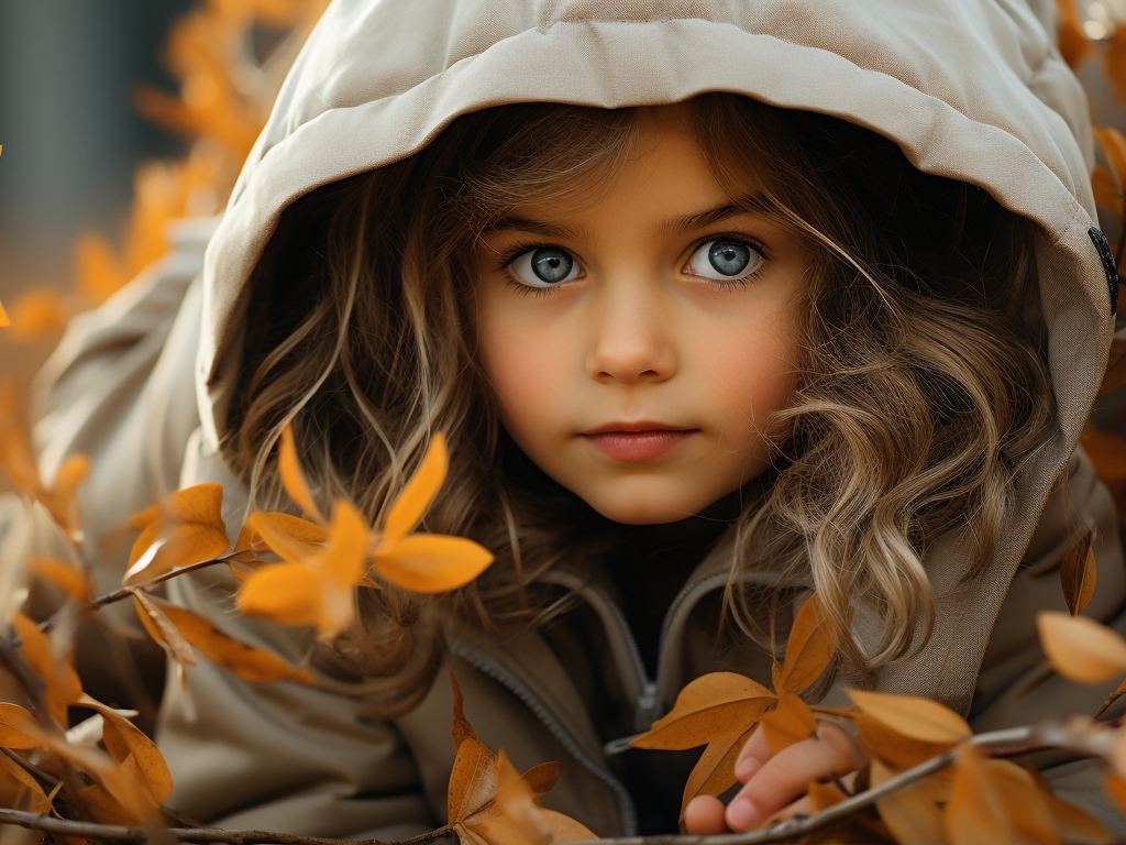 Маленькая голубоглазая девочка в куртке осенью 