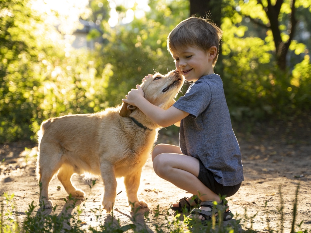 Маленький мальчик обнимает собаку