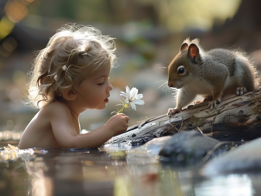 Маленькая девочка в воде с белкой