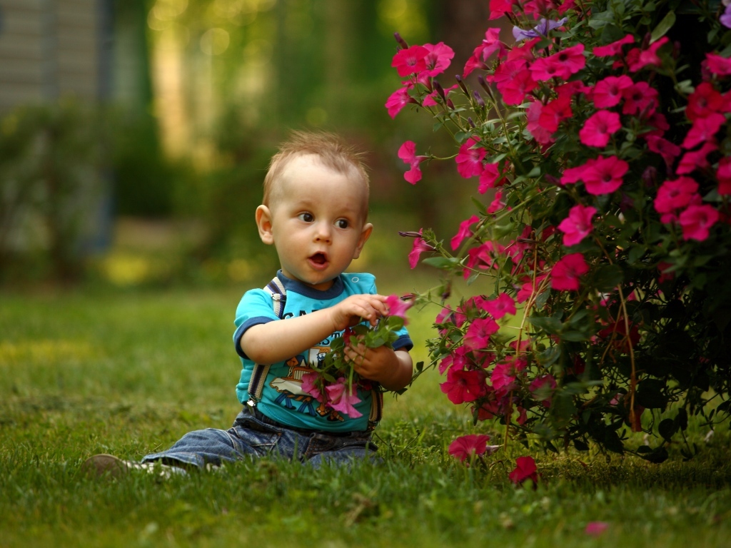 Удивленный малыш сидит у розовых цветов петунии