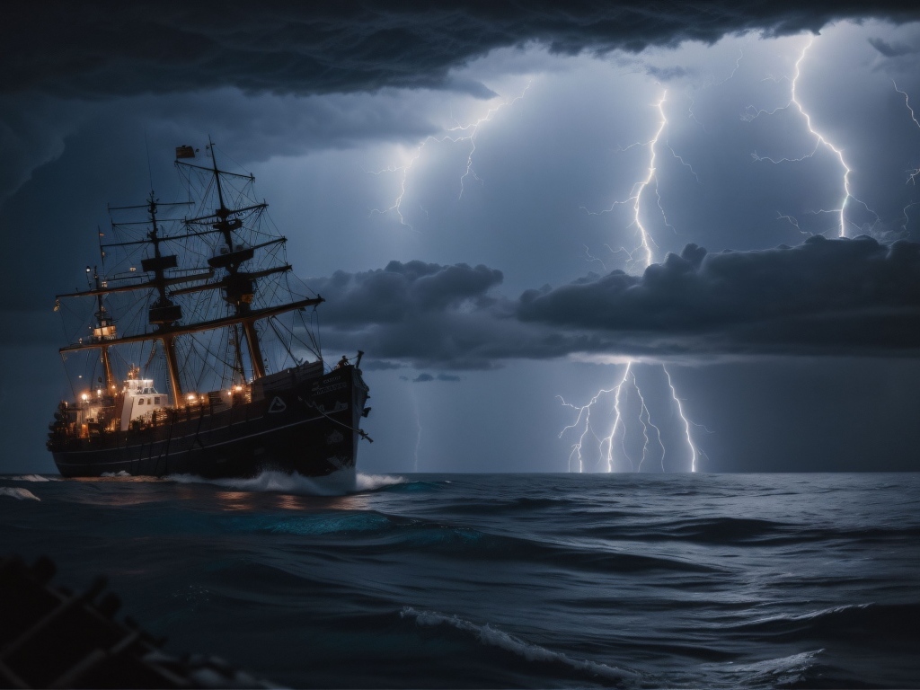 Корабль в бушующем море в шторм на фоне молнии в небе