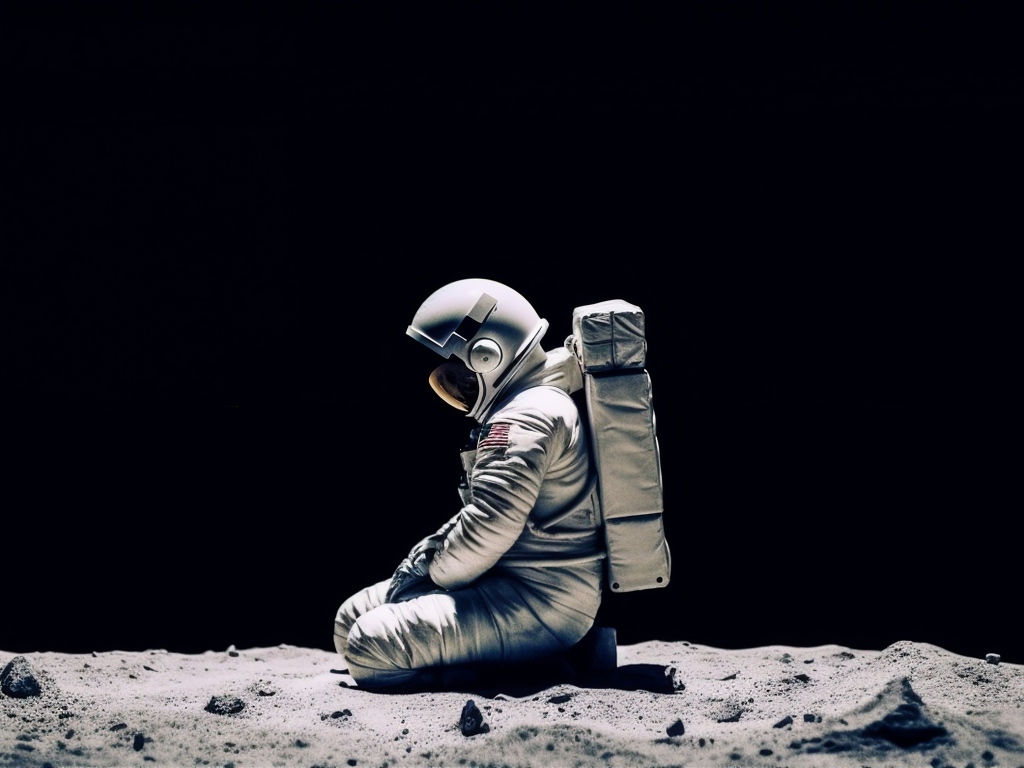Космонавт сидит на поверхности планеты на черном фоне