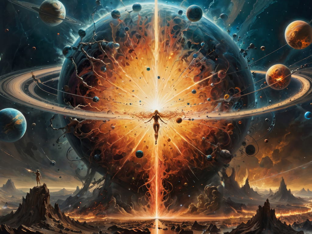 Girl against the backdrop of a planet exploding in space