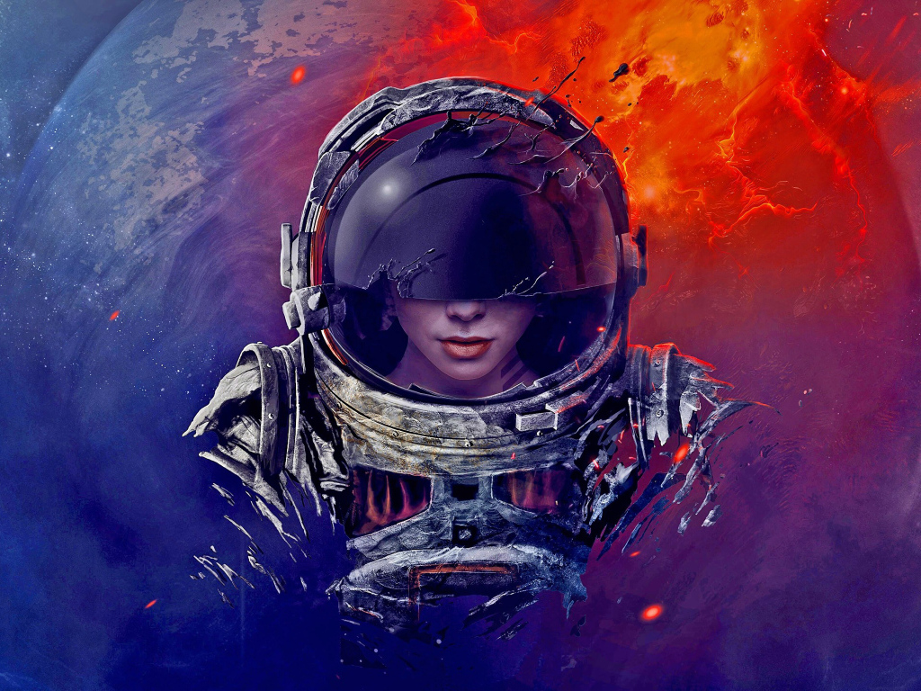 Девушка астронавт в скафандре на фоне планеты
