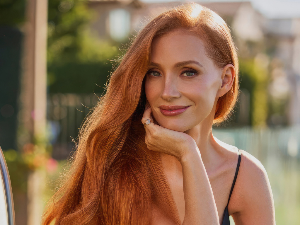 Милая голубоглазая рыжеволосая девушка актриса Джессика Честейн