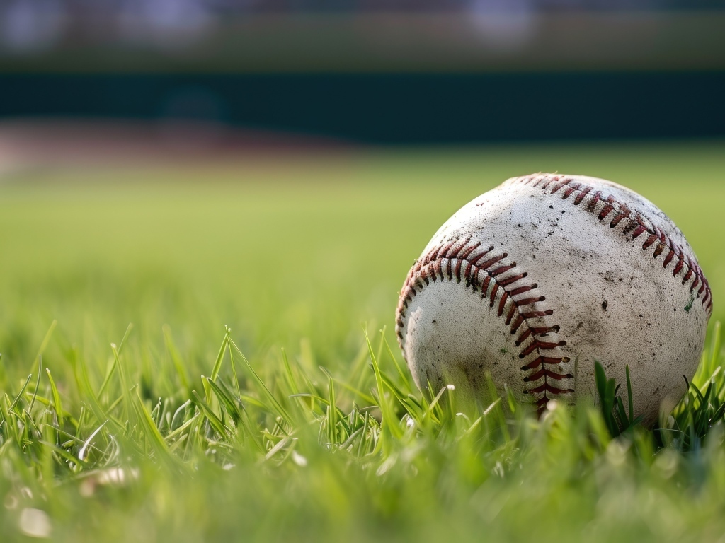 Грязный бейсбольный мяч на зеленой траве на поле