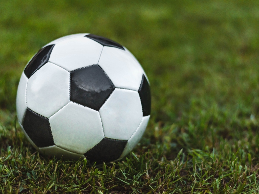 Футбольный мяч лежит на зеленой траве 