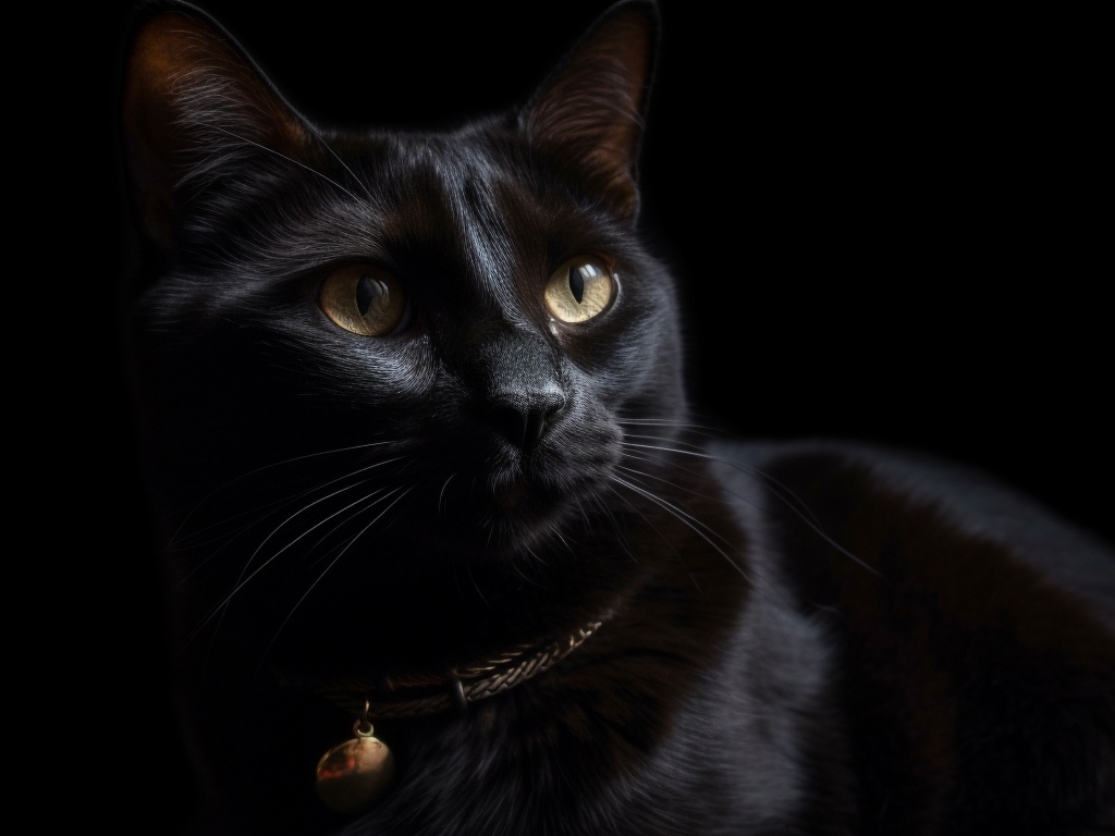 Красивый черный домашний кот с ошейником
