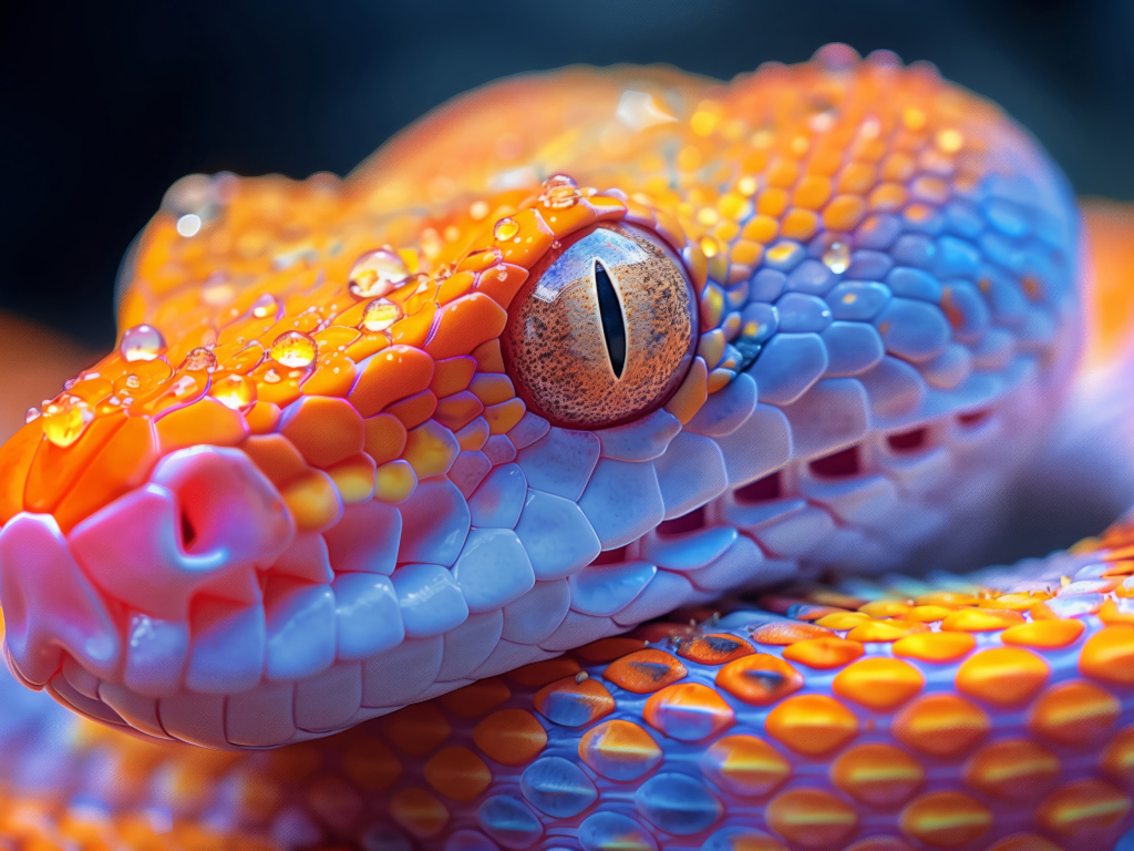 Большая оранжевая змея в каплях воды