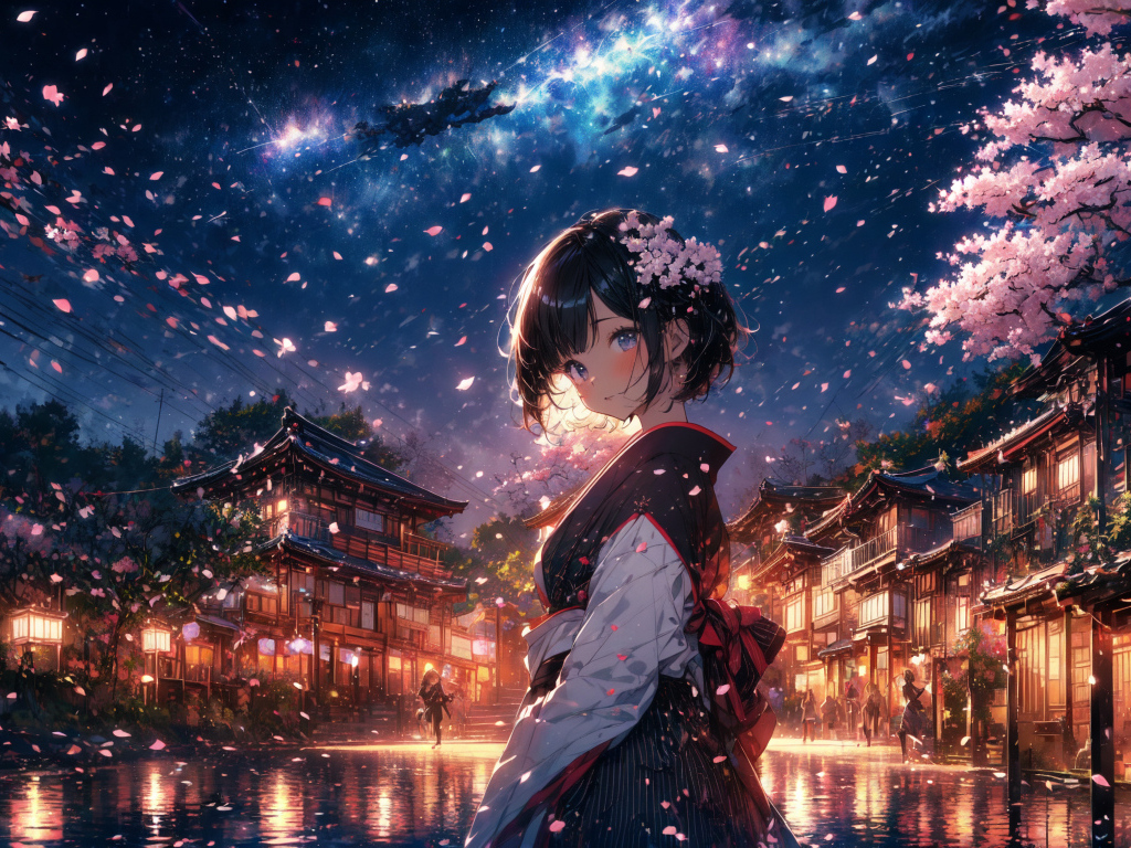 Девушка аниме на фоне ночного города под красивым небом