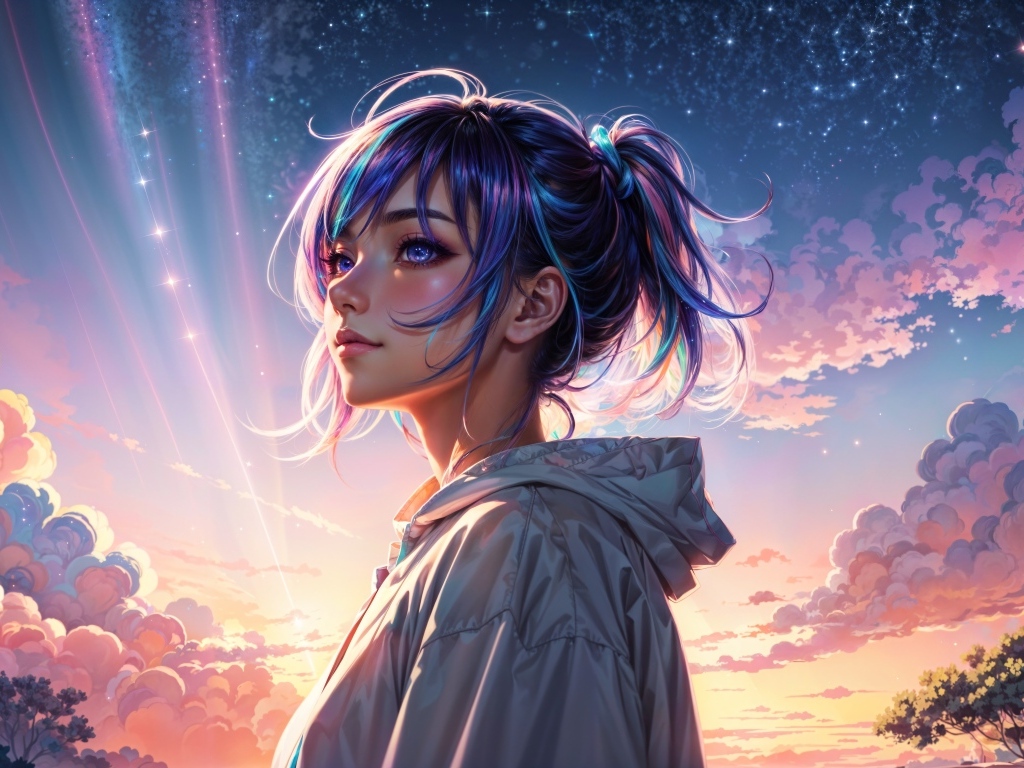Девушка аниме с фиолетовыми волосами на фоне неба