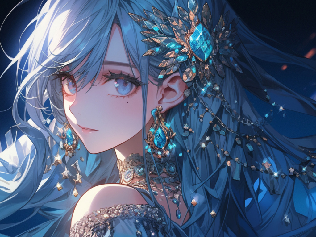 Девушка аниме с синими волосами с драгоценными камнями