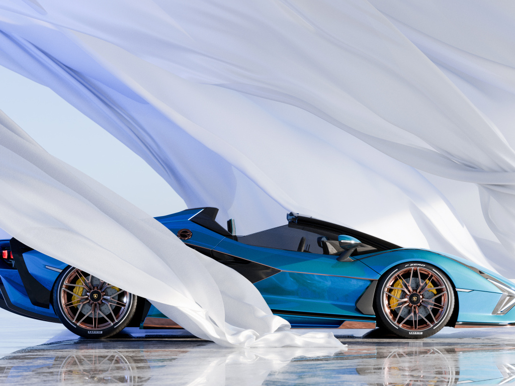 Голубой автомобиль Lamborghini Sián Roadster  с белой тканью