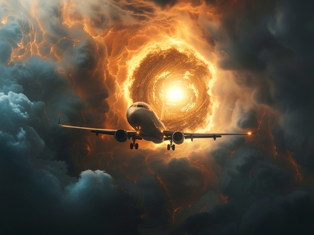 Пассажирский самолет затягивает в ураган