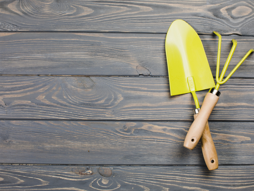 Желтые садовые принадлежности на деревянном фоне