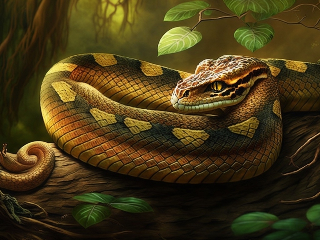 Нарисованная змея на ветке дерева