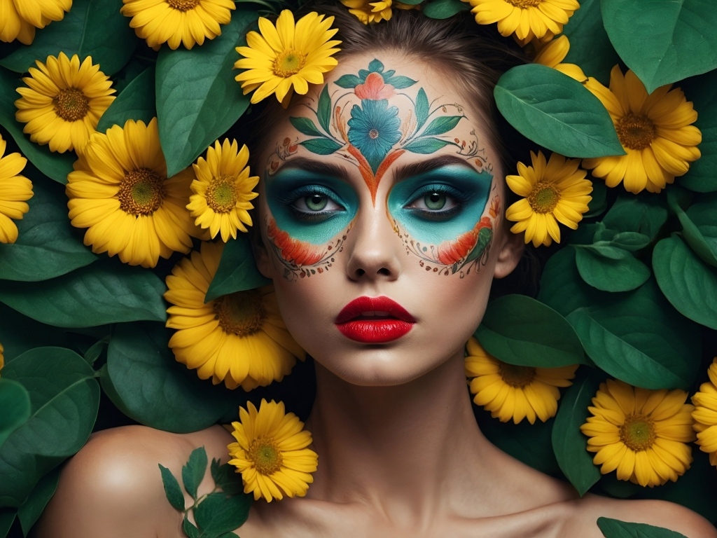 Девушка с нарисованной маской на лице в желтых цветах