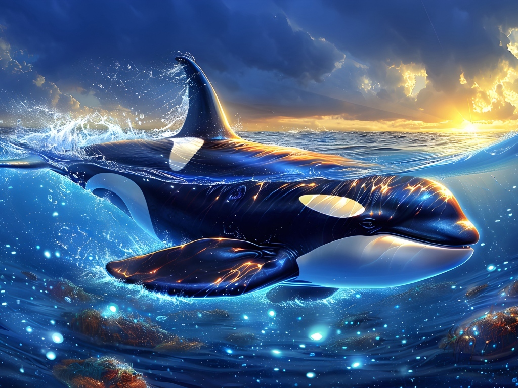 Большая черная косатка плавает в волшебном море