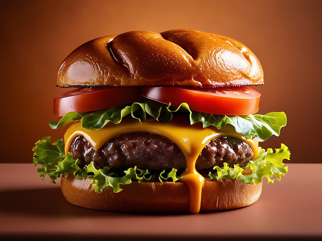 Большой сытный чизбургер на столе