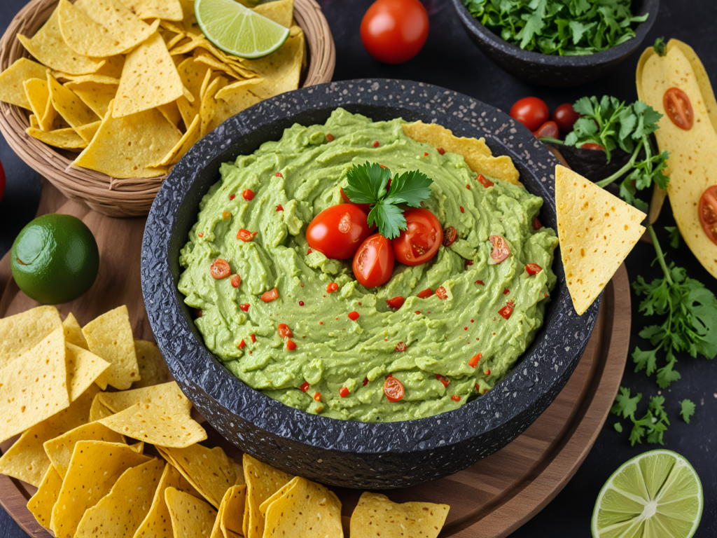 Закуска гуакамоле на столе с чипсами