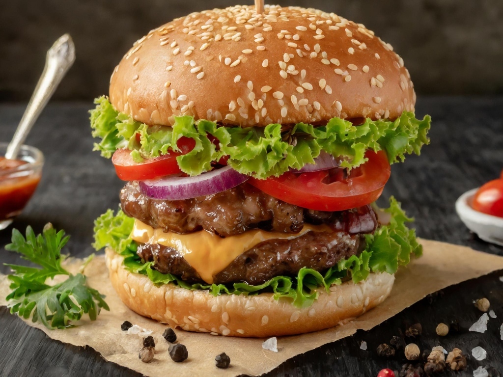 Гамбургер крупным планом на столе со специями