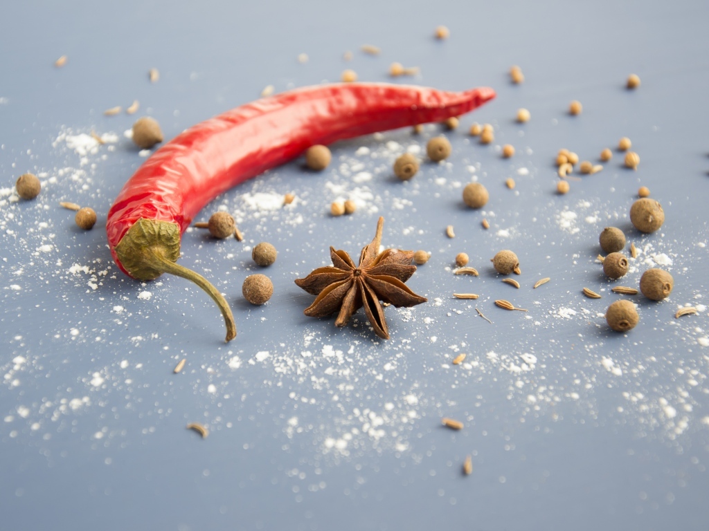 Острый красный перец с бадьяном на сером фоне