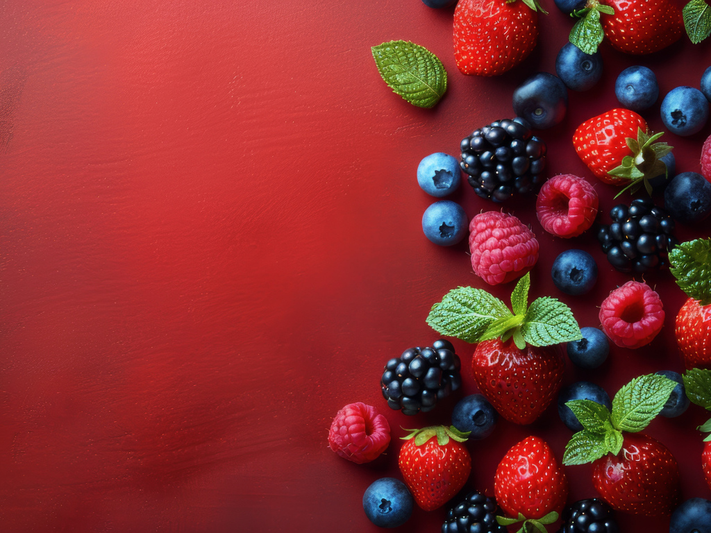 Спелые свежие ягоды с листьями мяты на красном фоне