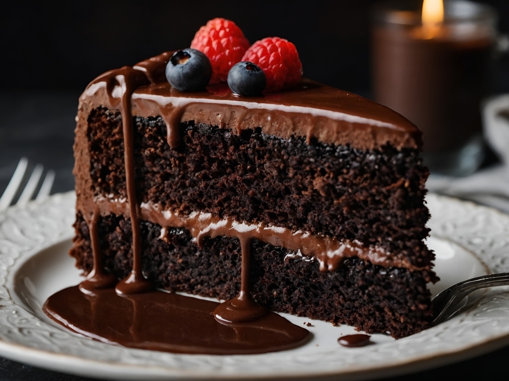 Кусок торта с жидким шоколадом и ягодами