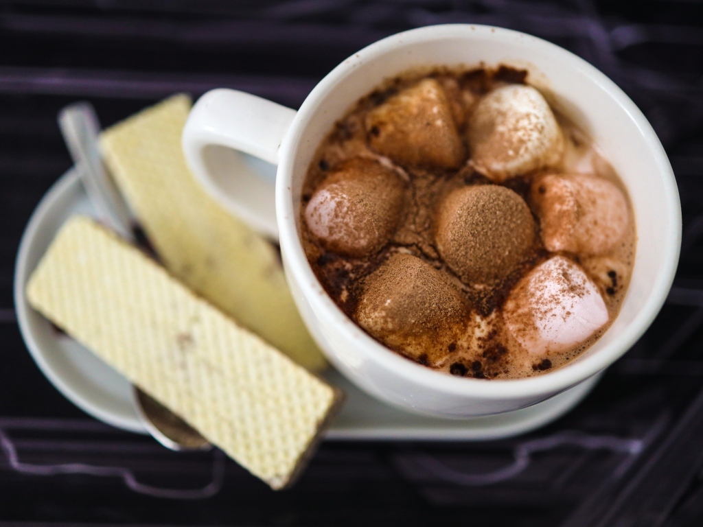 Чашка какао с маршмеллоу на тарелке с вафлями