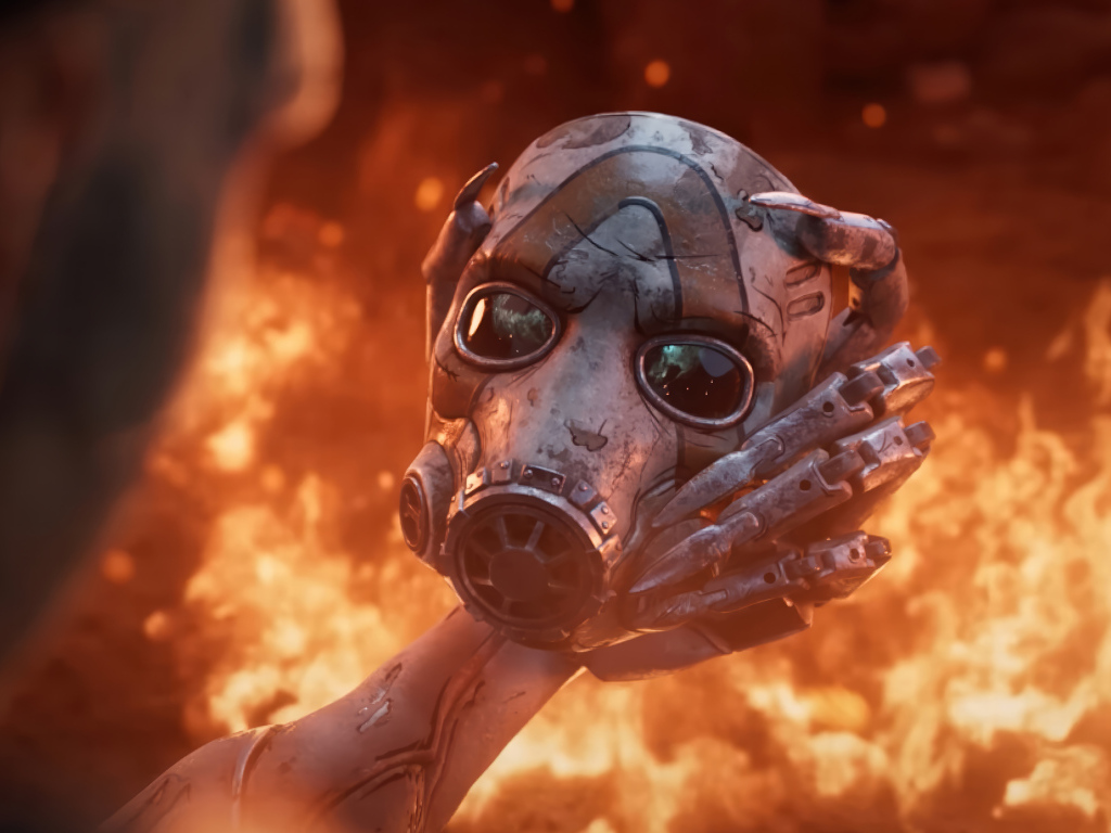 Маска в руках на фоне огня в видеоигре Borderlands 4