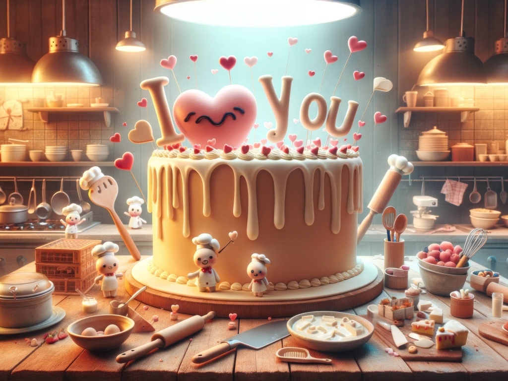 Торт с надписью Я тебя люблю на кухне на столе