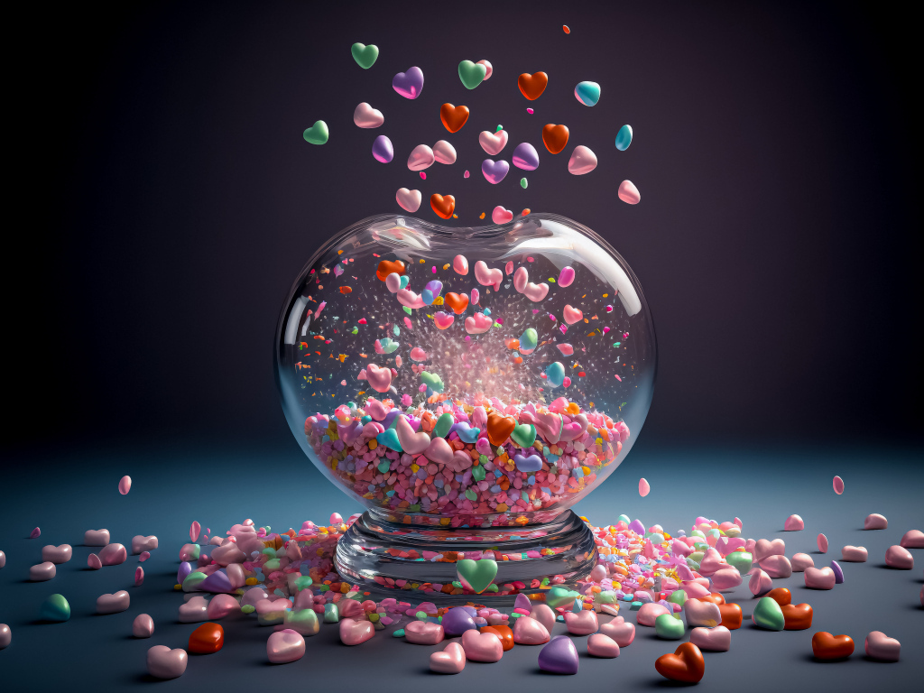 Стеклянный сосуд с маленькими разноцветными сердечками