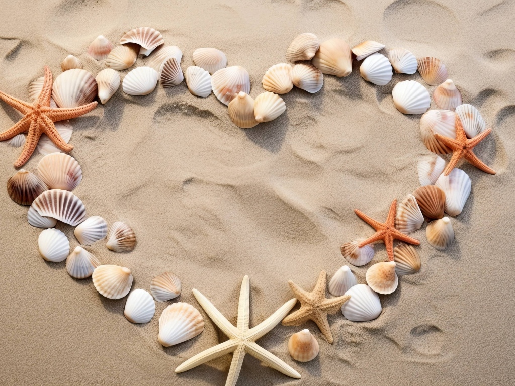 Сердце из ракушек и морских звезд на песке