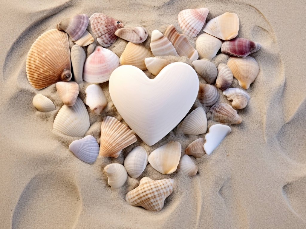 Сердце из ракушек на песке на пляже