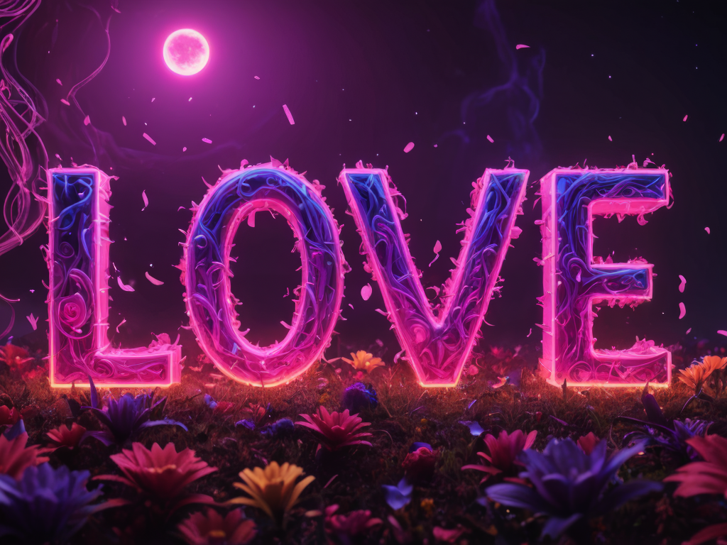 Надпись любовь в свете луны с волшебными цветами